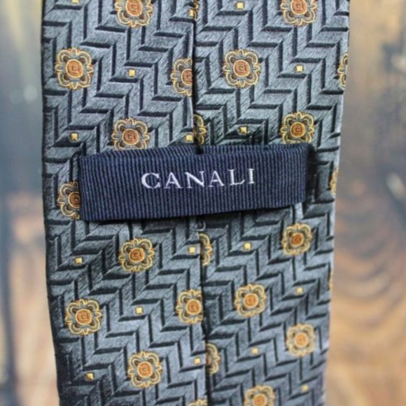 CANALI Men's Tie Charcoal Grey Silver Gold - Picture 2 of 7